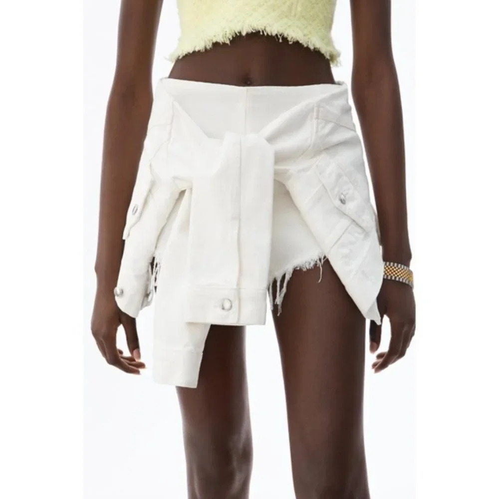 Alexander Wang Sleeve Tie Shorts Denim Skirt Carpenter, White, Size 27 - Picture 2 of 13